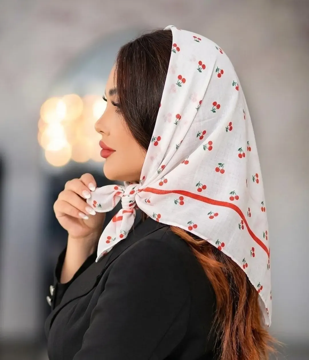 مینی اسکارف نخی ترندی طرح گیلاس