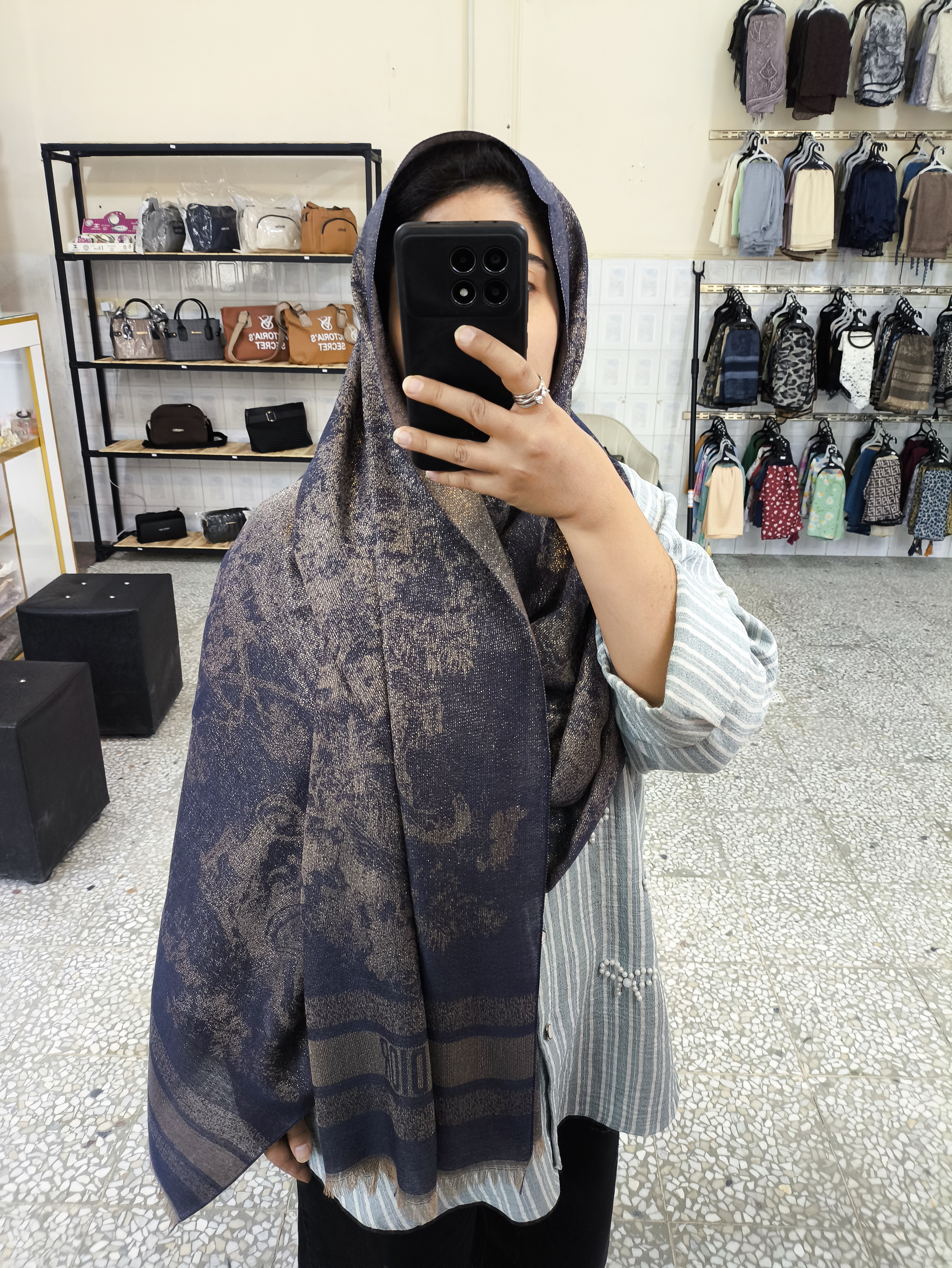 شال کشمیر لمه دورو مجلسی طرح مارک دستک ریش